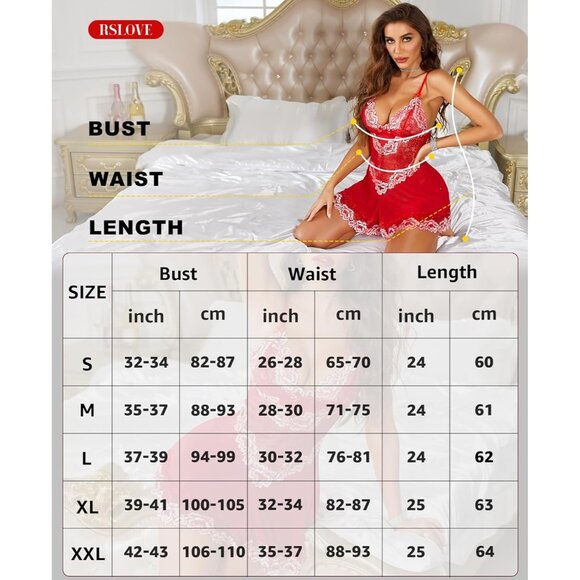Women Red-white Lingerie Lace Babydoll Mesh Chemise Sleepwear Bridal Nightdress - Picture 5 of 5